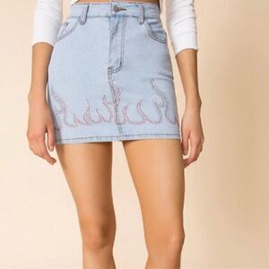 Superdown Flame Rhinestone Denim Mini Skirt